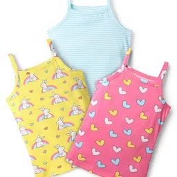 Babyhug 100% Cotton Single Jersey Knit Slips with Bunny & Heart Print Pack of 3 - Yellow Pink & Blue-image-78