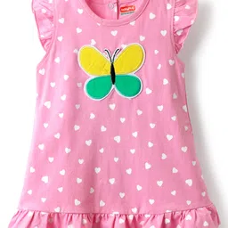 Babyhug Cotton Knit Frill Sleeves Nighty With Butterfly Patch & Polka Dot Print - Pink-picture-20