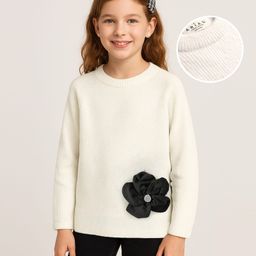 arias by lara dutta Arias Knit Raglan Full Sleeves Pullover Sweater With Flower Applique - White-picture-24