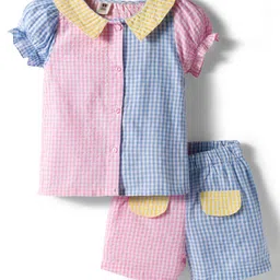 ToffyHouse Cotton Woven Half Sleeves Front Open Checks Top & Shorts Set With Color Block Design - Multicolor-picture-23