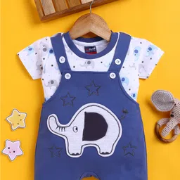 Jb Club Cotton Knit Elephant Embroidered Dungaree With Half Sleeves Tee - Blue-image-4