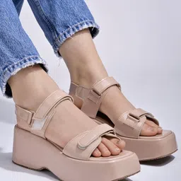 Shoetopia Solid Velcro Closure Platform Sandals - Peach-picture-11