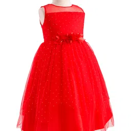 Babyhug Mesh Woven Sleeveless Fit & Flare Party Gown with Glitter & Floral Applique - Red image 2