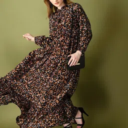 LookShine Women Animal Print Tie-Up Neck A-Line Maxi Dress-image-76