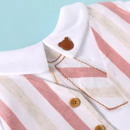 ToffyHouse 100% Cotton Woven Full Sleeves Striped Peter Pan Collared Footed Romper with Bear Embroidered - White image 3