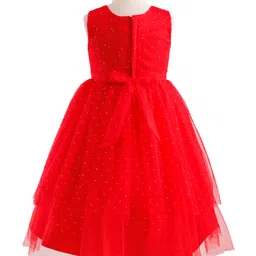 Babyhug Mesh Woven Sleeveless Fit & Flare Party Gown with Glitter & Floral Applique - Red image 3