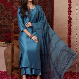 Anni Designer Notch-Neck Straight Kurta With Palazzos & Dupatta image 3