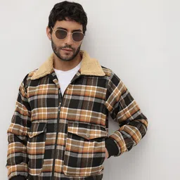 The Roadster Life Co. Tartan Checked Fleece Spread Collar Bomber Jacket-picture-37