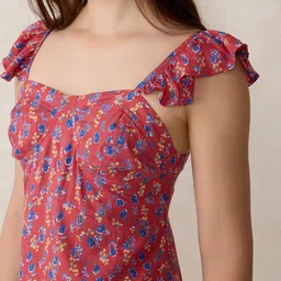 Outzidr Women Floral Printed Sweetheart Neck Flutter Sleeves A-Line Mini Dress image 4