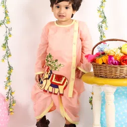 Little Bansi Full Sleeves Elephant Embroidered Kurta With Dhoti - Peach-picture-25