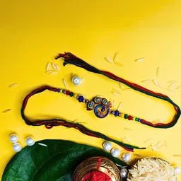 Anouk Set Of 6 Beaded Cotton Thread with AD Stones & Meenakari Designer Rakhi for Brother image 3