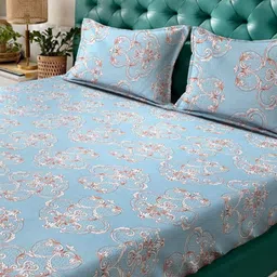 Aura Blue & White Ethnic Motifs Printed Fitted 300 TC King Bedsheet With 2 Pillow Cover image 4
