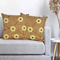 MONKDECOR Brown Floral Linen Square Cushion Covers image 2