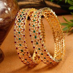 T4 JEWELS Set Of 2 Gold-Plated Stone-Studded Bangles-picture-22