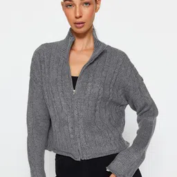 Trendyol High Neck Cable Knit Cardigan Sweater-picture-38
