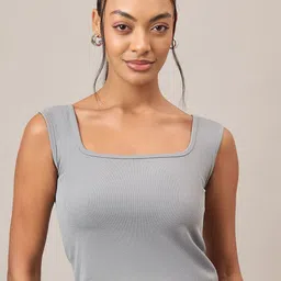 The Roadster Lifestyle Co. Women Square Neck Ribbed Sleeveless Fitted Crop Top-picture-16
