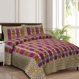 Rudra Bazaar Yellow & White Printed 210 TC King Cotton Bedsheet Set 2.75 m x 2.30 m-picture-40