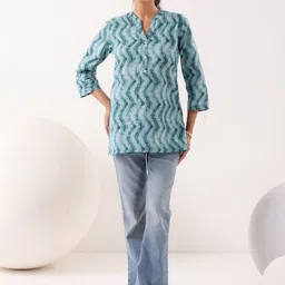 JISORA Print Mandarin Collar Cotton Top image 5