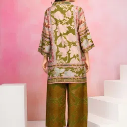 Kaftanize Floral Printed Shirt Collar A-Line Kurti With Trousers image 2