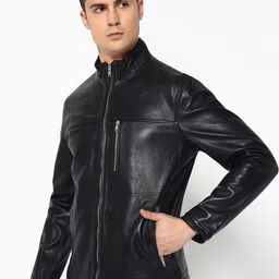 MaheTri Men Mandarin Collar Luxe Black Leather Jacket image 5