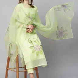 GoSriKi Floral Printed Organza Straight Kurta with Trousers & Dupatta image 5