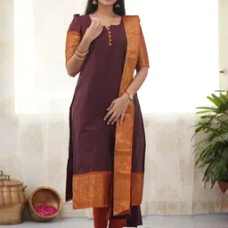 Shriyangan Women Ethnic Motifs Woven Design V-Neck Cotton A-Line Kurta with Dupatta-image-31