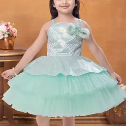 Lagorii Blue Girls Embellished Layered Shoulder Straps Net Fit & Flare with Shoulder Bow image 2