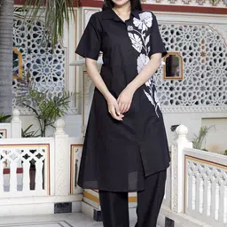 MIRAVAN Floral Embroidered Shirt Collar Pure Cotton High Low A-Line Kurta With Trousers-picture-34