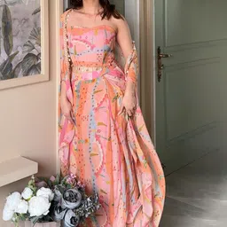 LABEL KANUPRIYA Printed Off Shoulder Sleeveless Top With Skirt & Jacket Co-Ords-image-49