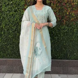 KRITVA FASHION Women Floral Embroidered Kurta with Trousers & Dupatta-image-35