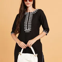 Brownverse Women Embroidered Extended Sleeves Khadi Kurta image 1