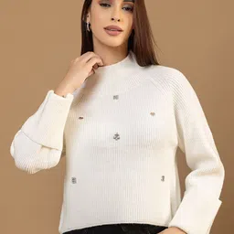 all about you Women Ribbed High Neck Woollen Pullover with Embellishments-picture-37