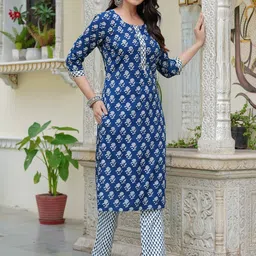 HERE&NOW Women Printed Kantha Work Pure Cotton Kurta with Palazzos & With Dupatta image 4