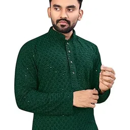 click n buy Men Embellished Straight Kurta (Dark Green)-picture-21