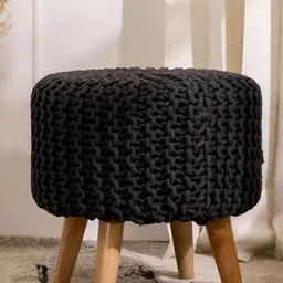 THREADVIBE LIVING Grey & Brown Wooden & Velvet Round Ottoman-image-60