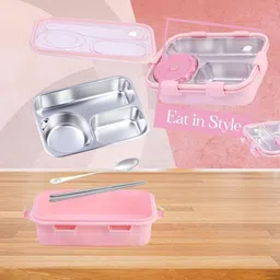 kello Stainless Steel Airtight Leak Proof Tiffin Box with Mini Container Inside K138 3 Containers Lunch Box image 2