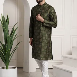SOJANYA Men Olive Green & Off-White Printed Kurta with Churidar image 2
