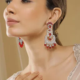 Rubans Rhodium-Plated Ruby & Zirconia Studded Red Beaded Long Chandbali Earrings-picture-49