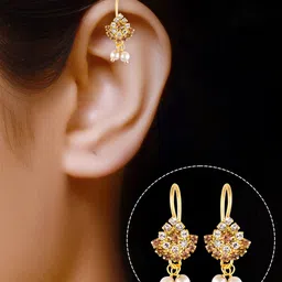 Vighnaharta Gold-Plated Stone-Studded & Pearls Bugadi Earrings image 4