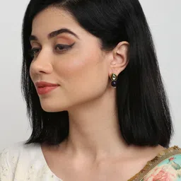 Ruby Raang Gold-Toned Blue Beaded & Kundan Studded Contemporary Drop Earrings image 2