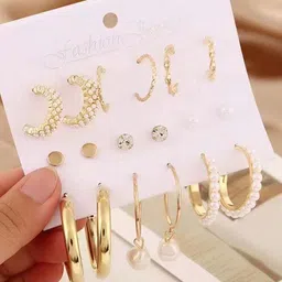 PolluxCraft Set Of 9 Gold-Plated Artificial Pearls Circular Shaped Korean Hoop Earrings image 5