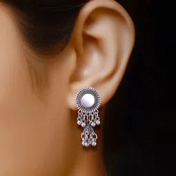 MEENAZ Set Of 4 Silver-Plated Stainless Steel Studded & Beaded Peacock Shaped Jhumkas image 3