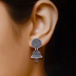 MEENAZ Set Of 2 Silver-Plated Oxidised Jhumkas image 4
