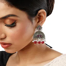Anouk Red Brass-Plated Stone Studded & Beaded Floral Jhumkas image 2