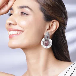Rubans Women Silver-Toned Red Stone Studded White Beaded Drop Earrings image 4