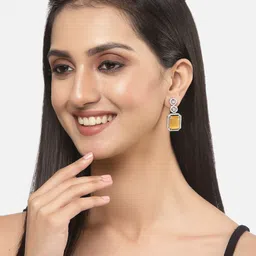 ZENEME Rhodium-Plated American Diamond Studded Geometric Shaped Drop Earrings image 4