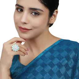 Bhana Fashion Silver-Plated Sea Green AD-Studded Adjustable Finger Ring image 4
