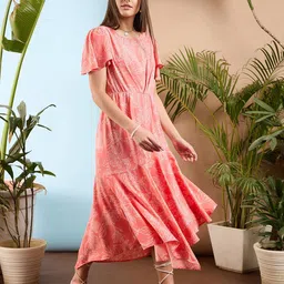 SASSAFRAS Floral Print Flared Sleeve Asymmetric Fit & Flare Maxi Dress image 3