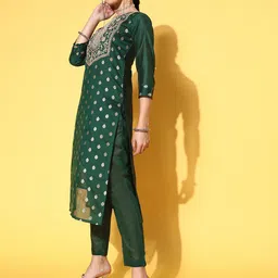 KALINI Floral Woven Design Round Neck Straight Kurta With Trousers & Dupatta image 3
