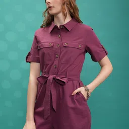 Tokyo Talkies Magenta Waist Tie-Up Cotton Playsuit image 4